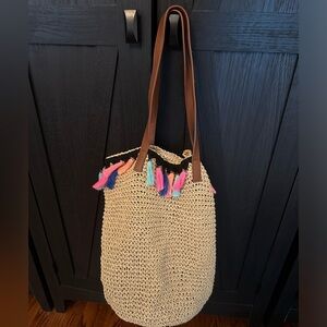 Lord & Taylor Straw Soft Weaved Beach Bag Tassels